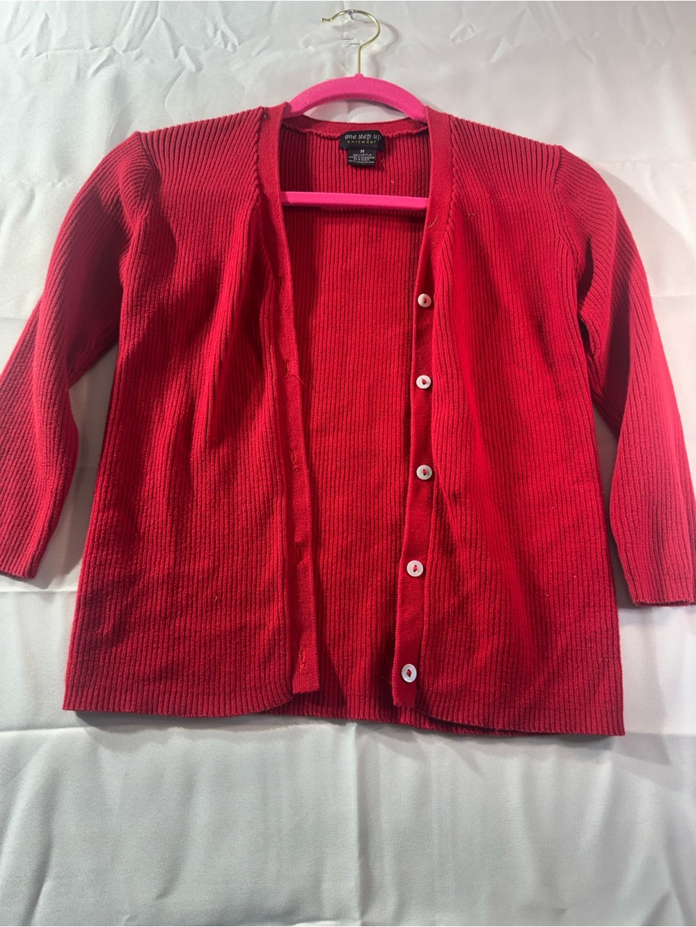 One Step Ahead Medium 100% Cotton Red Ribbed Button-Front Women’s Cardigan